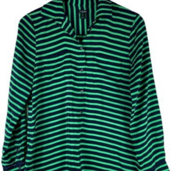 J.Crew J.Crew 100% Silk Green And Navy Blue Striped Buttom Up Top - Picture 1 of 4